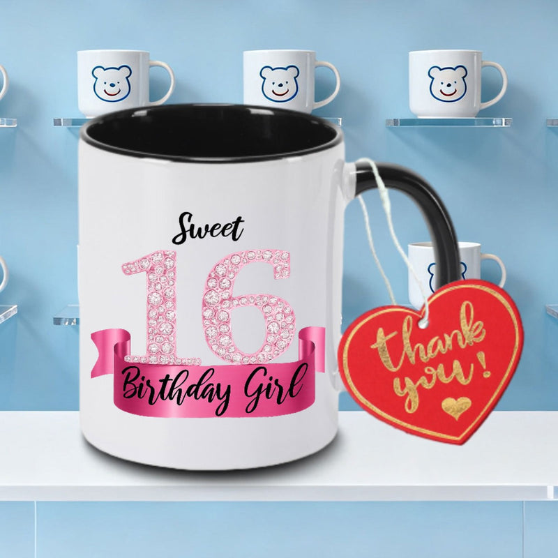 Tailorly Black Accent 11 oz Mug - Pink Glittery Sweet 16 Birthday Girl Design Logo