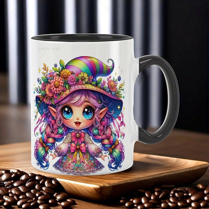 Tailorly Black Accent 11 oz Mug - whimsical fairy elf with vibrant floral and starry hat