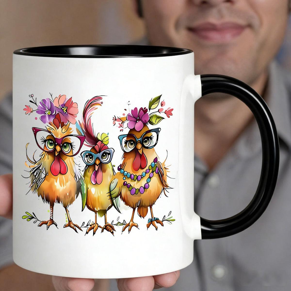 Tailorly Black Accent 11 oz Mug - vibrant cartoon style chicken trio wearing glasses with floral designs