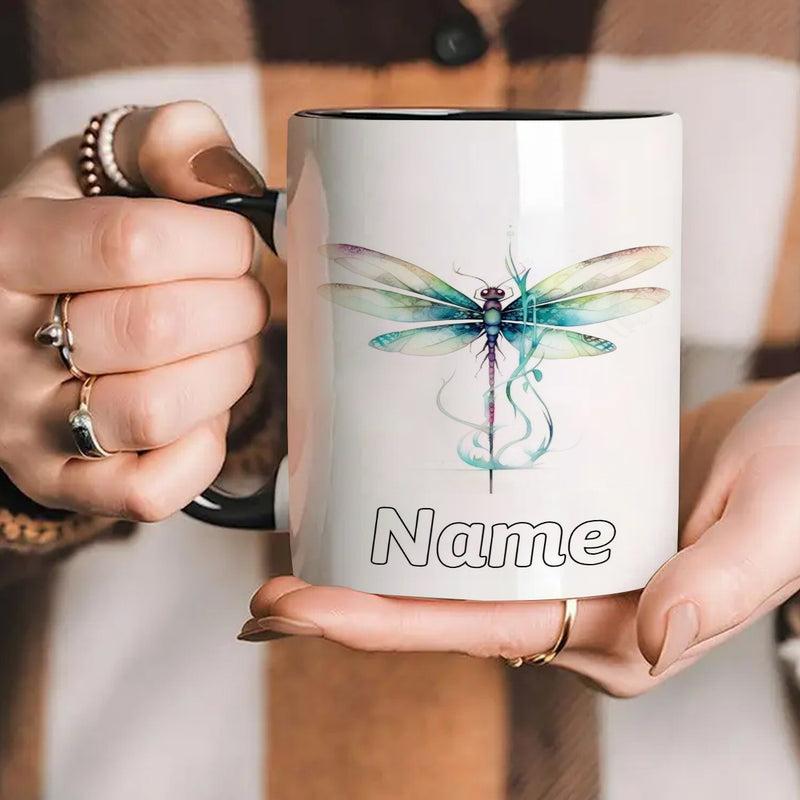 Tailorly Black Accent 11 oz Mug - white dragonfly cartoon anime watercolor style customizable text