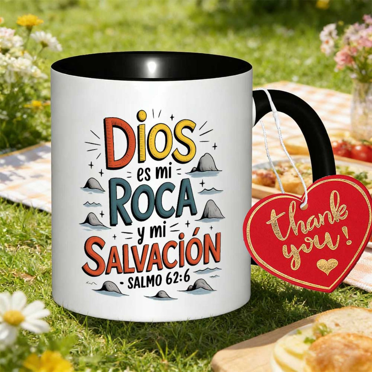 Tailorly Black Accent 11 oz Mug - with god is and my spanish with mountain design supports printed