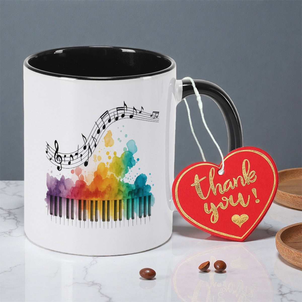 Tailorly Black Accent 11 oz Mug - musical notes and instruments print