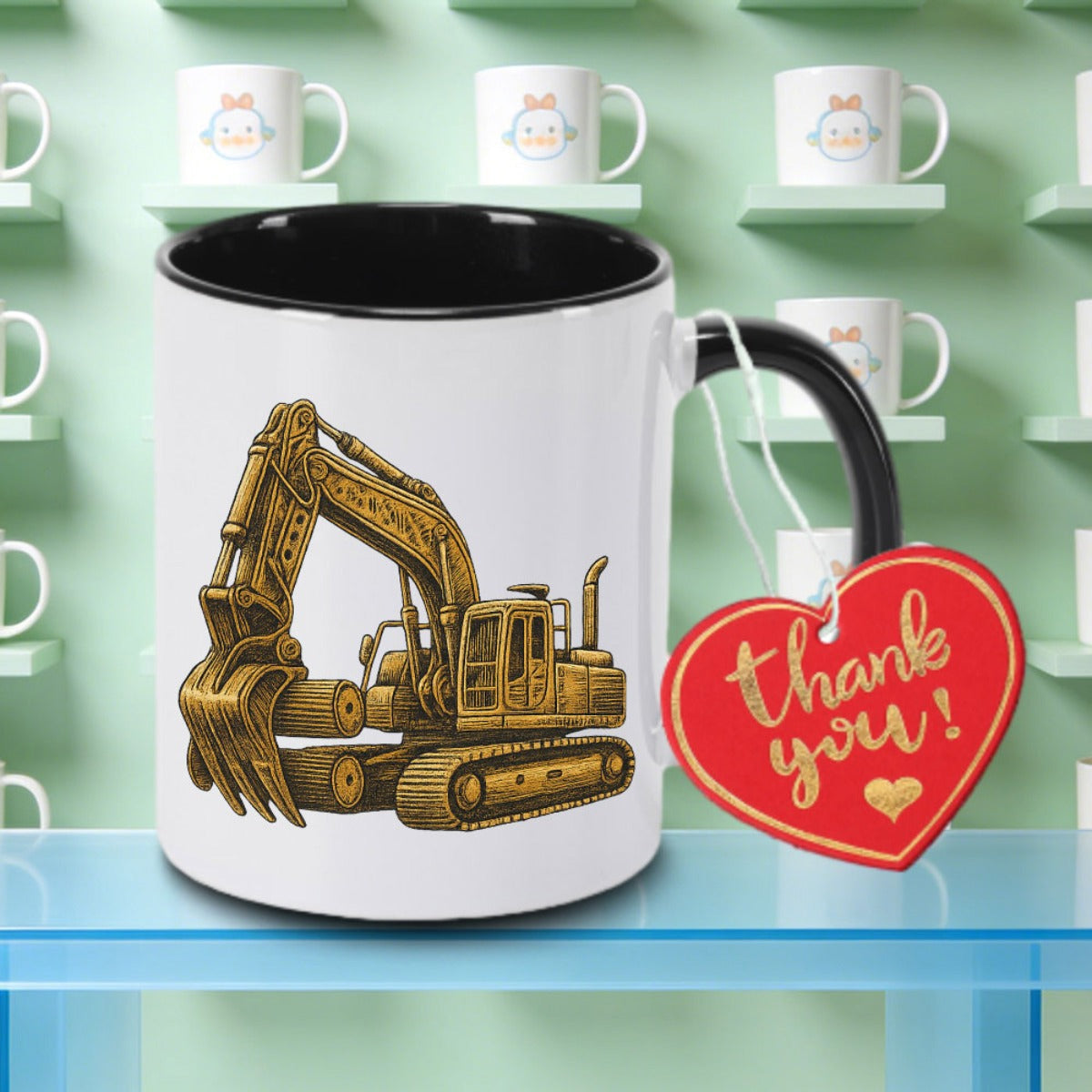 Tailorly Black Accent 11 oz Mug - item picture excavator graphic ceramic coffee mug with excavator bucket log design dishwasher tea milk cup office