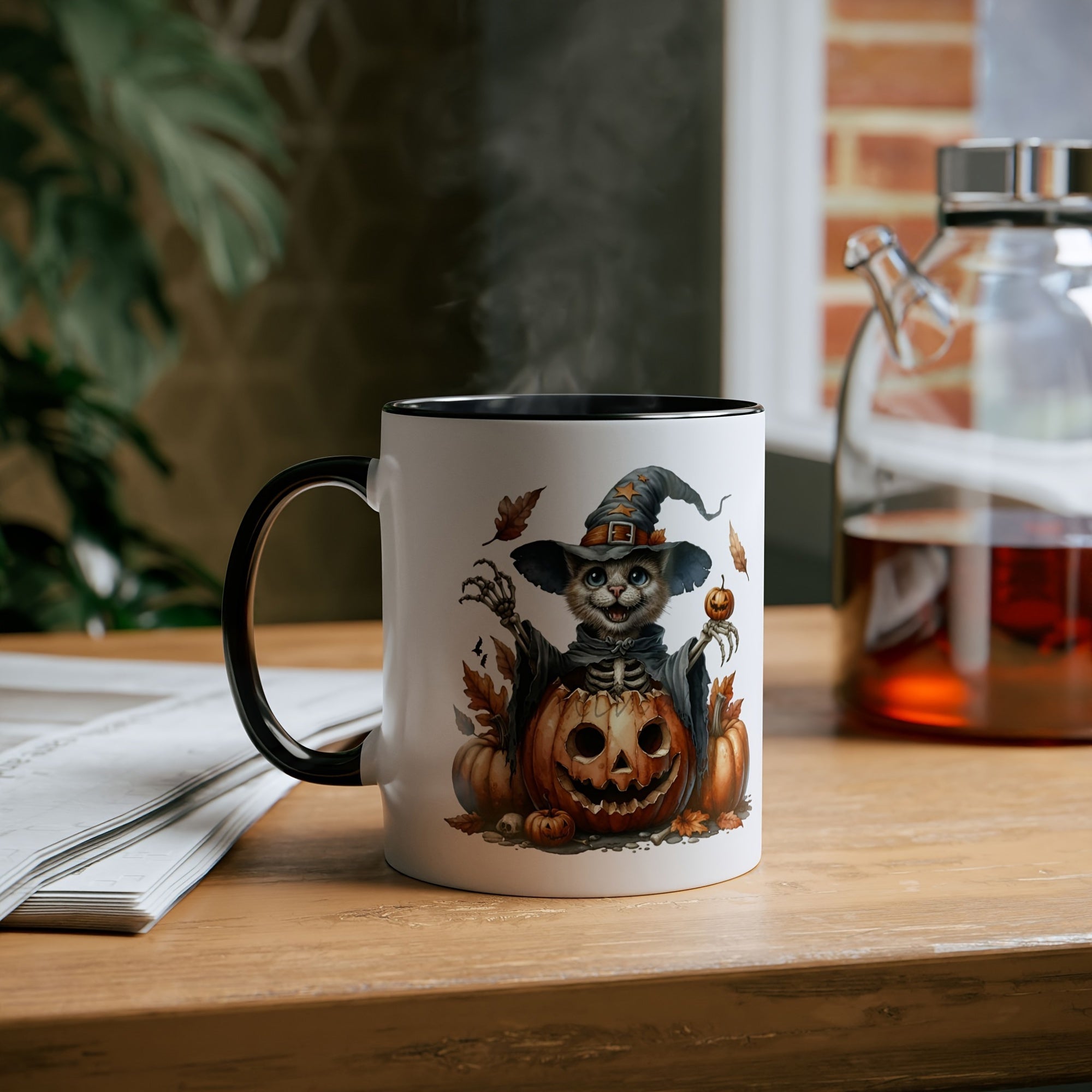 Tailorly Black Accent 11 oz Mug - halloween special skull cat pumpkin
