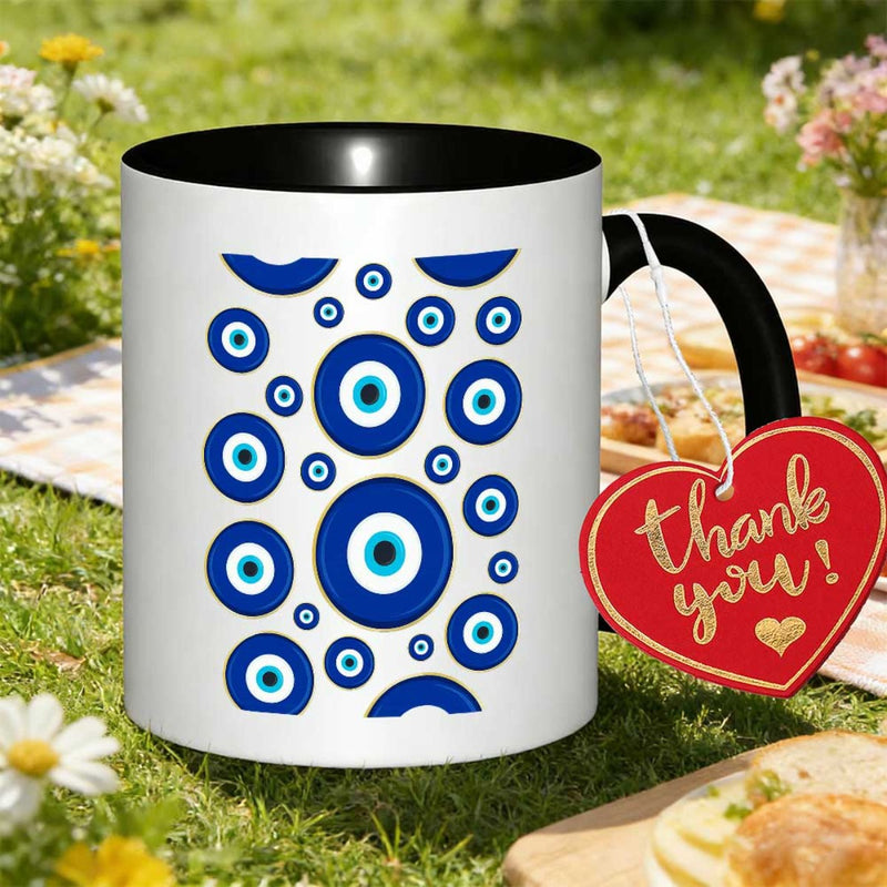 Tailorly Black Accent 11 oz Mug - blue and golden evil printed with vibrant minimalist patterns
