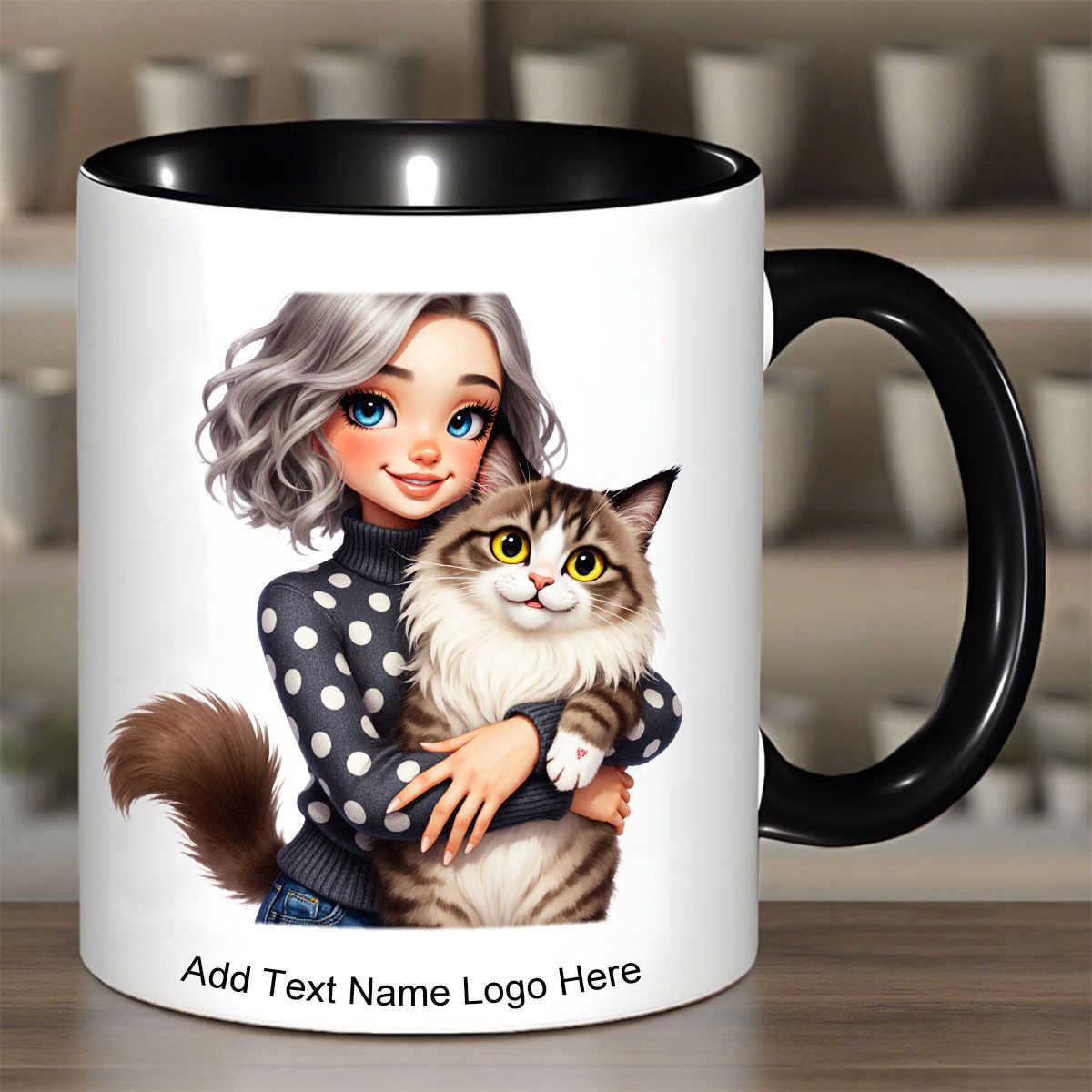 Tailorly Black Accent 11 oz Mug - cartoon girl cat