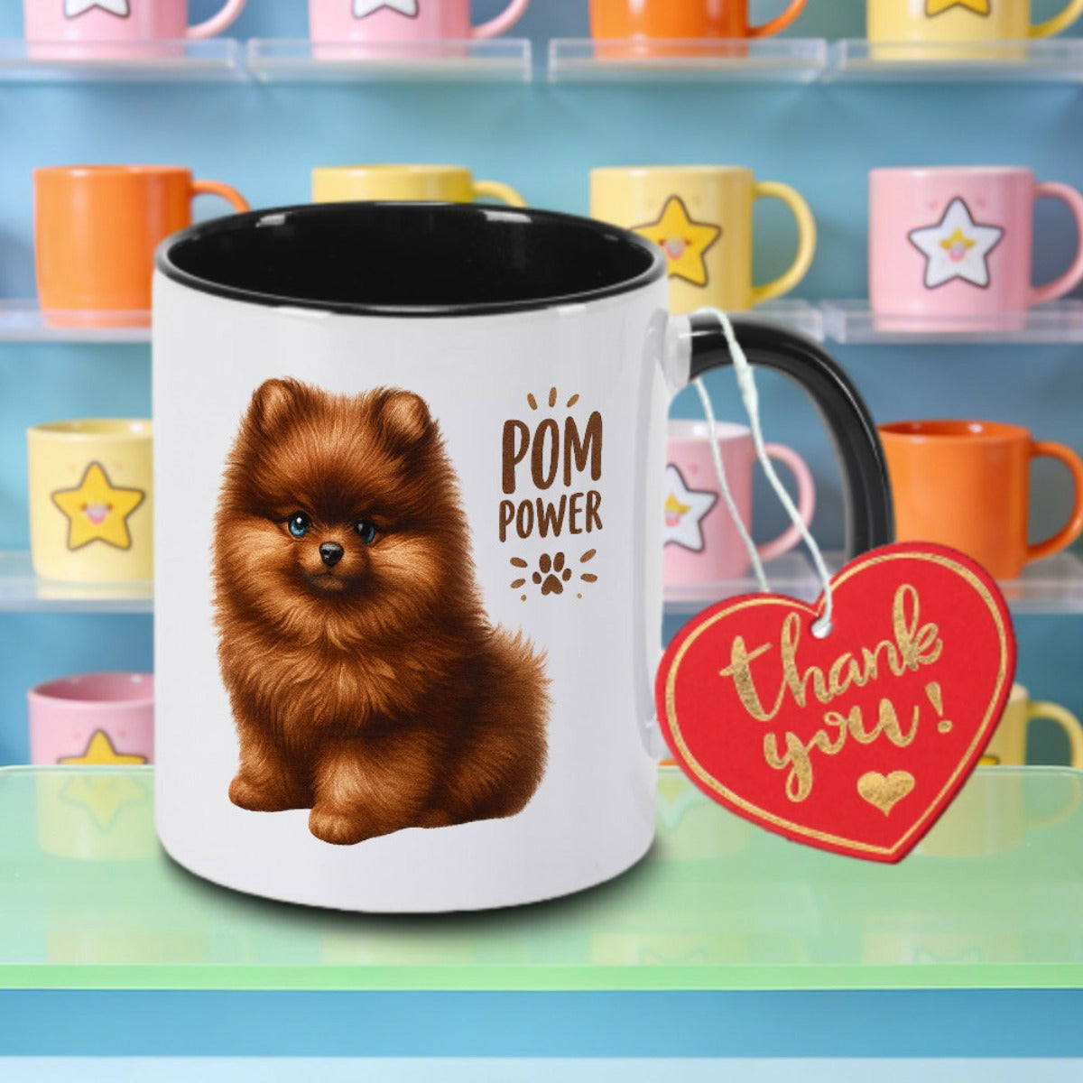 Tailorly Black Accent 11 oz Mug - cute pomeranian dog with pom pom power logo