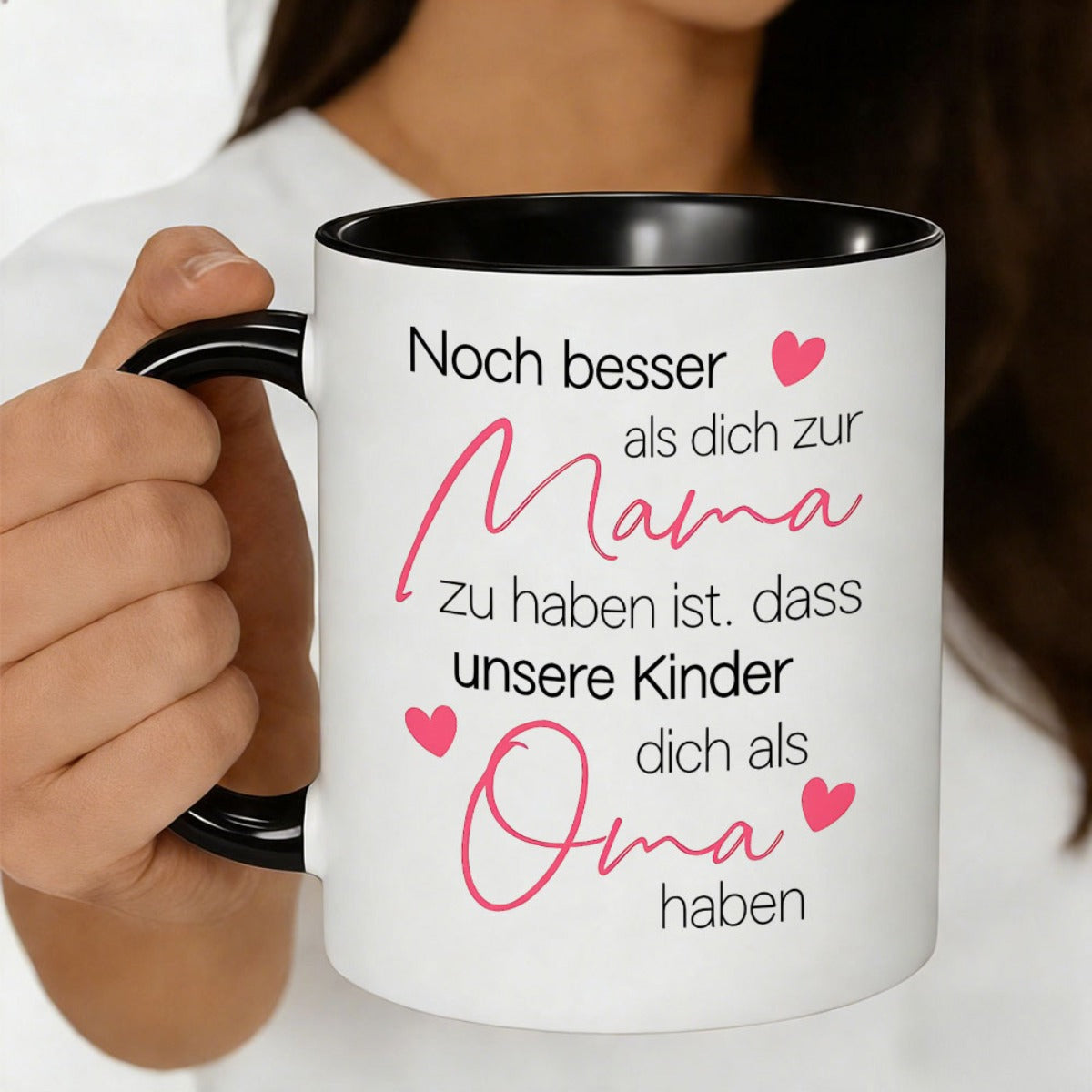 Tailorly Black Accent 11 oz Mug - mama oma in red cursive font