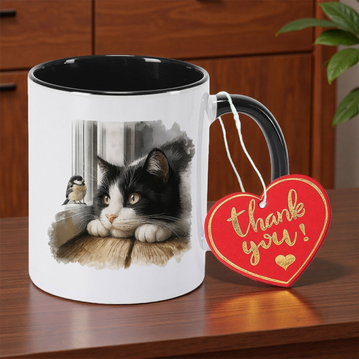 Tailorly Black Accent 11 oz Mug - cute cat bird illustration