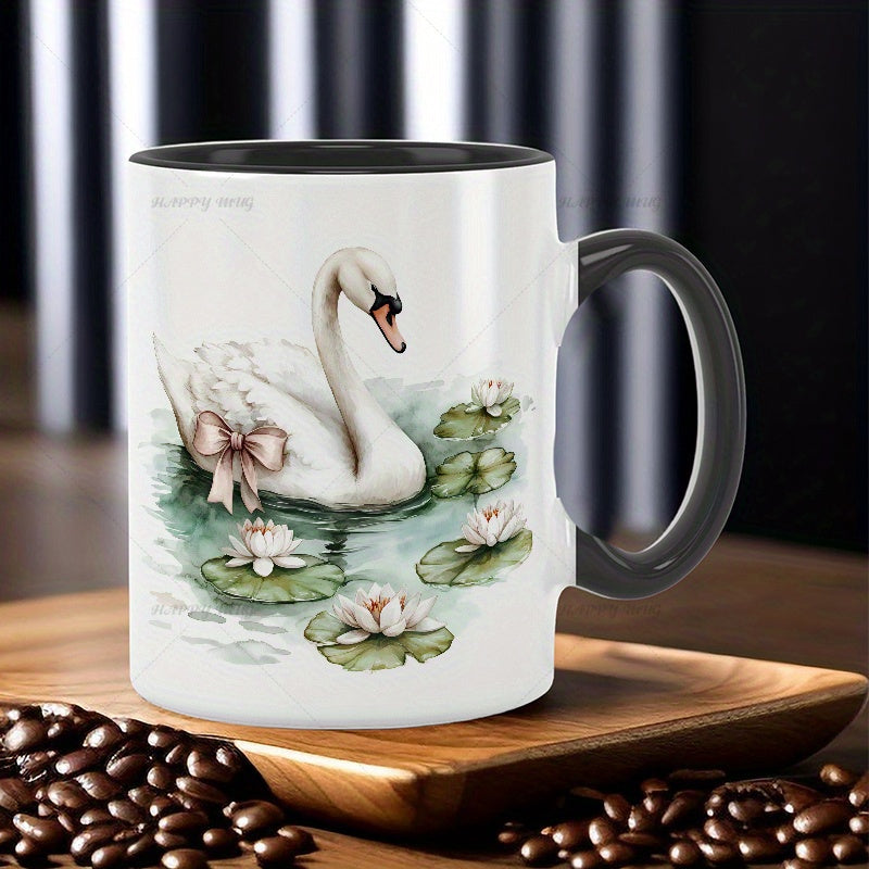 Tailorly Black Accent 11 oz Mug - stylish swan and pink bow pattern
