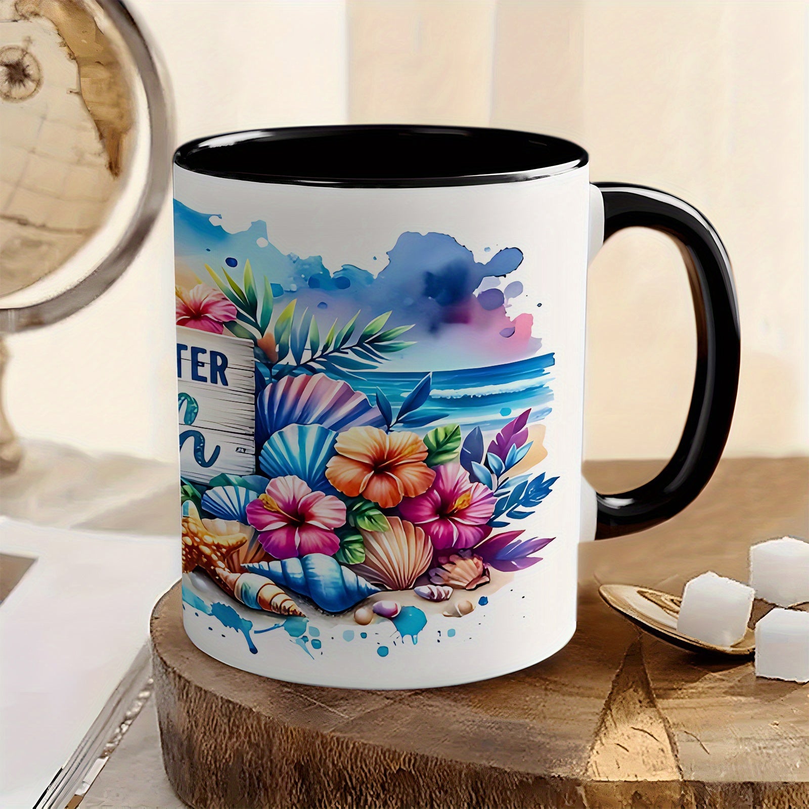 Tailorly Black Accent 11 oz Mug - tropical beach， sea life fish， flower