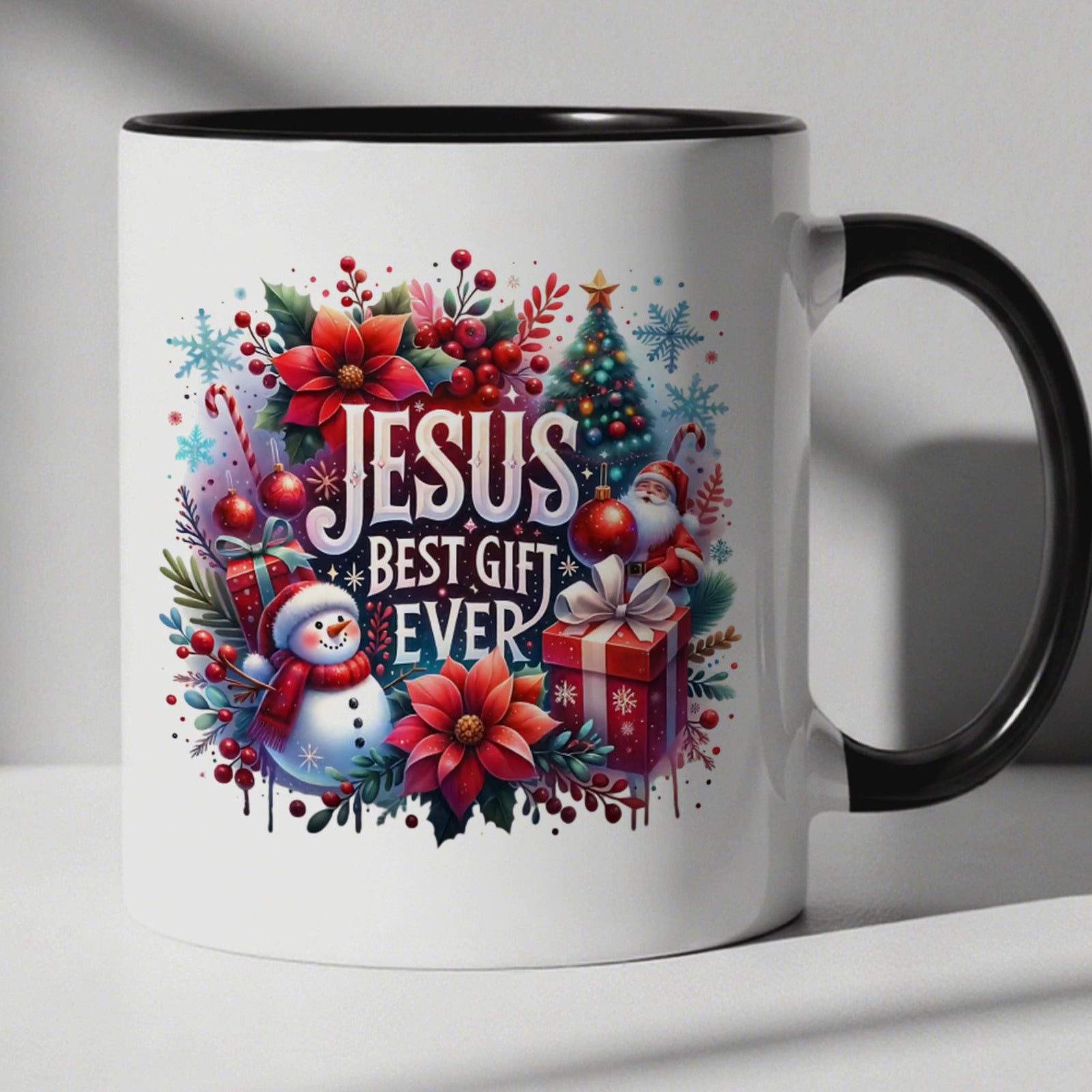 Tailorly Black Accent 11 oz Mug - christmas jesus themed with snowman poinsettia