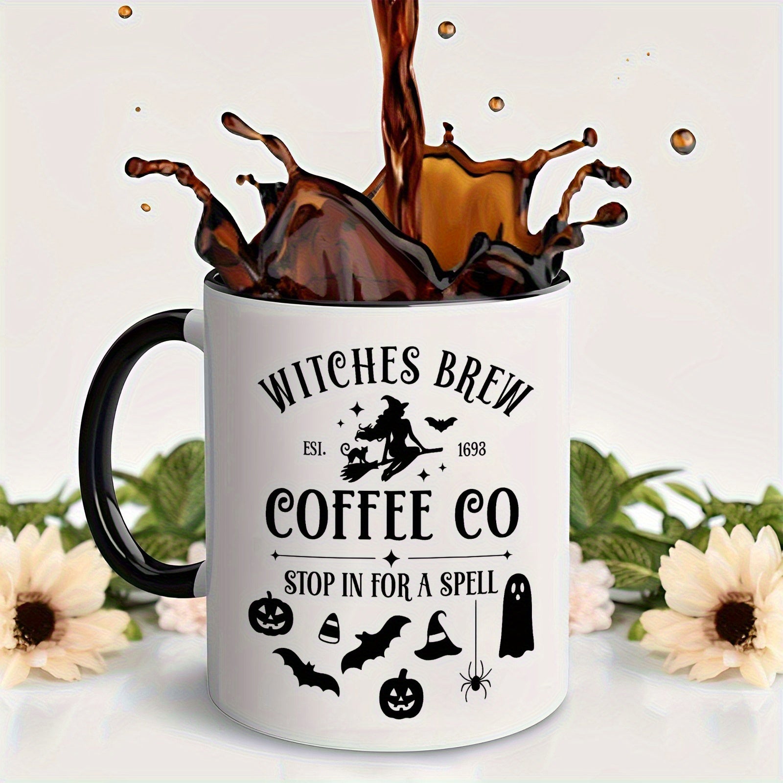 Tailorly Black Accent 11 oz Mug - ghost witch with pumpkin brew design