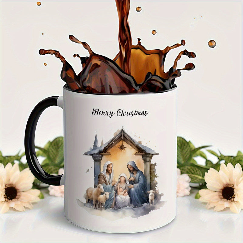 Tailorly Black Accent 11 oz Mug - christmas nativity scene with mary， baby， shepherds， and sheep