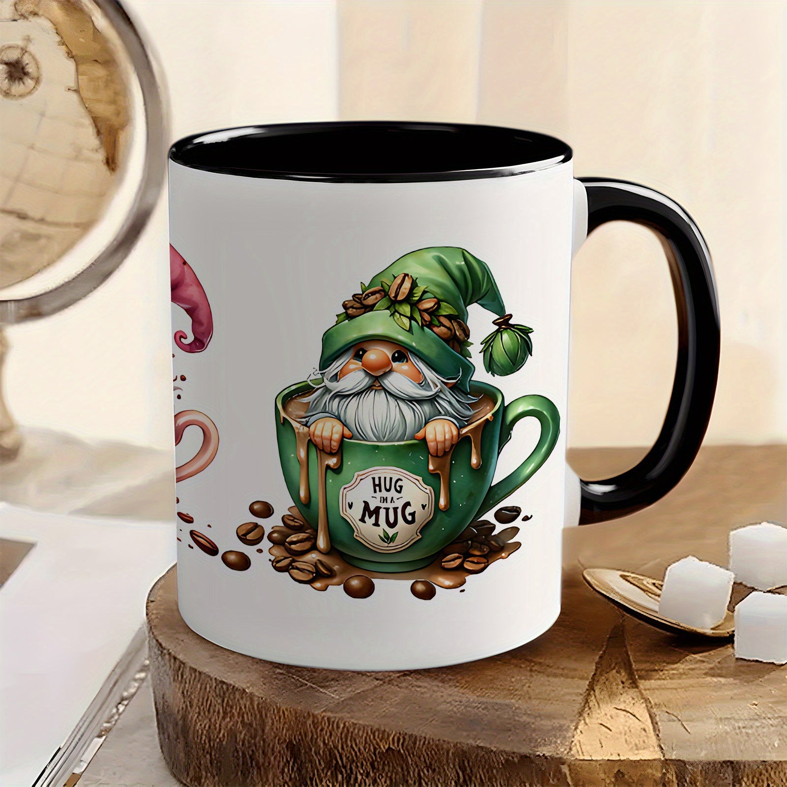 Tailorly Black Accent 11 oz Mug - cute mushroom hat hugging gnome design