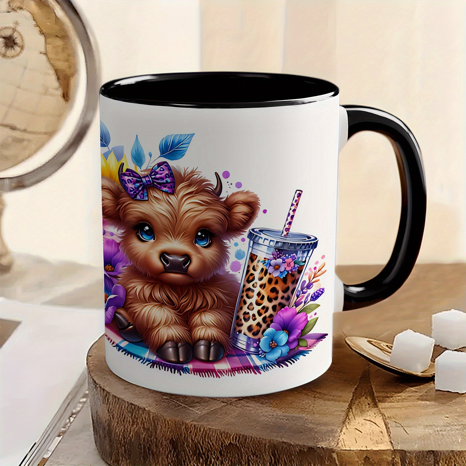 Tailorly Black Accent 11 oz Mug - floral and coffee mug adorable highland cow with leopard print