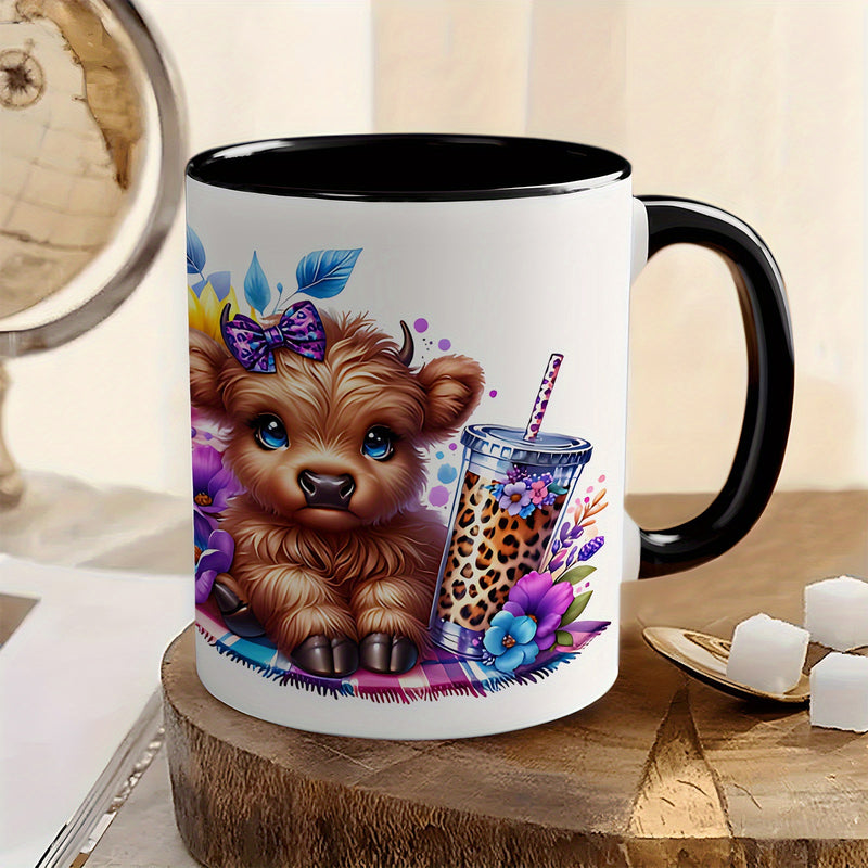 Tailorly Black Accent 11 oz Mug - floral and coffee mug adorable highland cow with leopard print