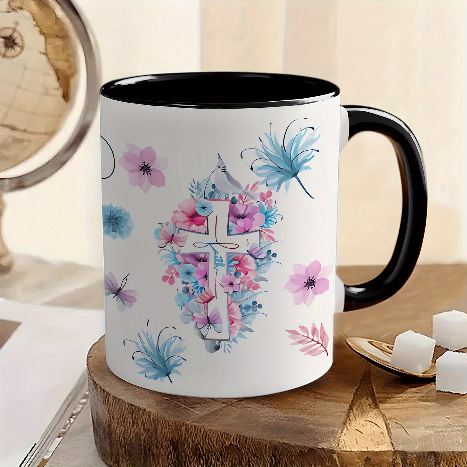 Tailorly Black Accent 11 oz Mug - floral cross with verse text