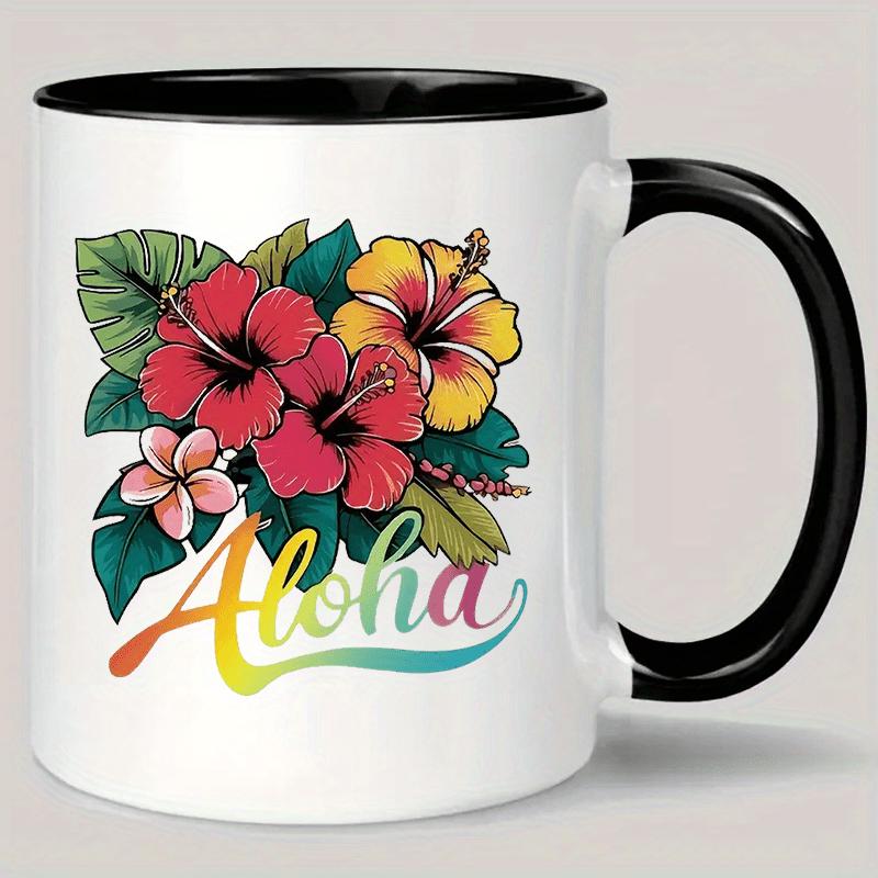 Tailorly Black Accent 11 oz Mug - aloha floral hibiscus design