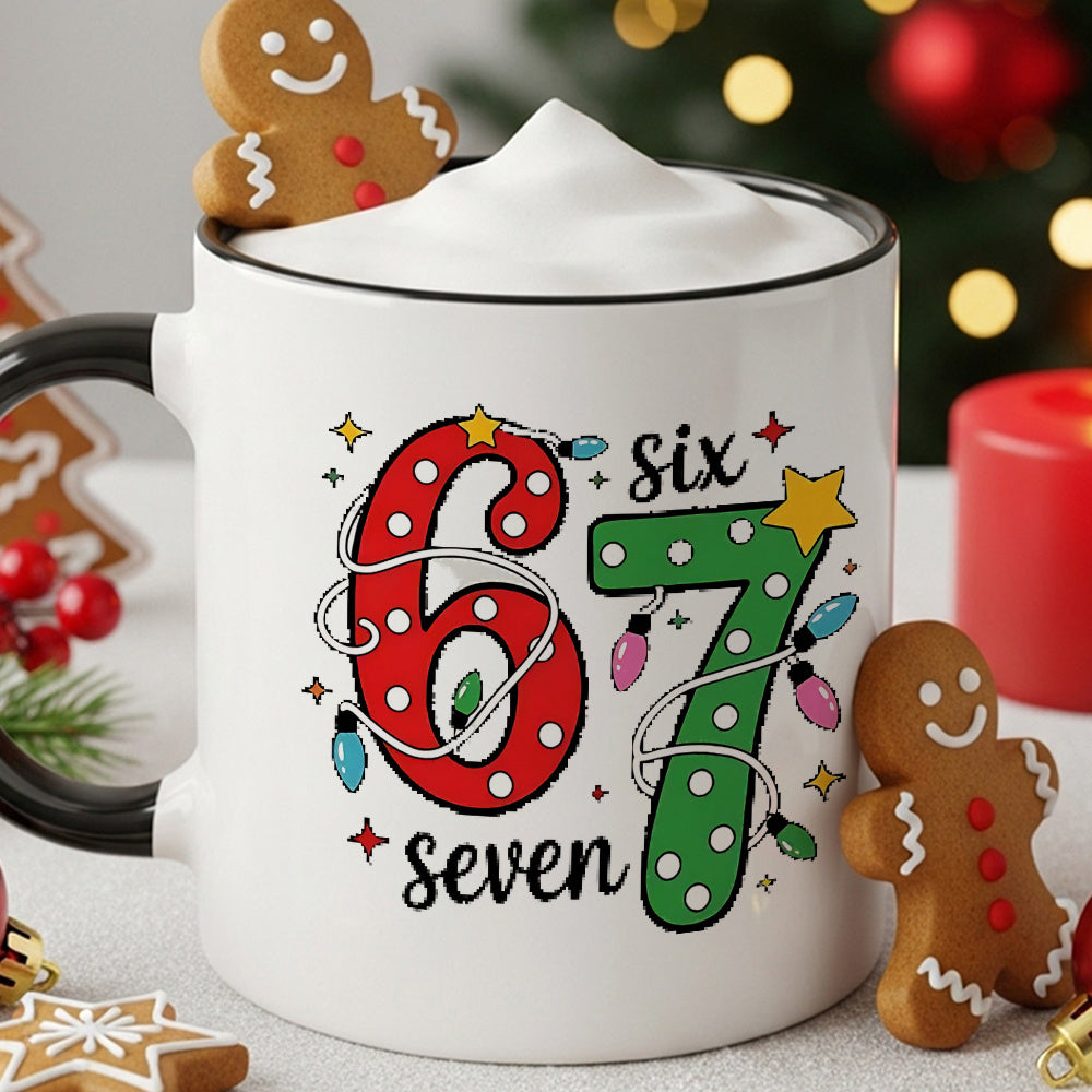 Tailorly Black Accent 11 oz Mug - numbers 6 and 7 with string lights retro design