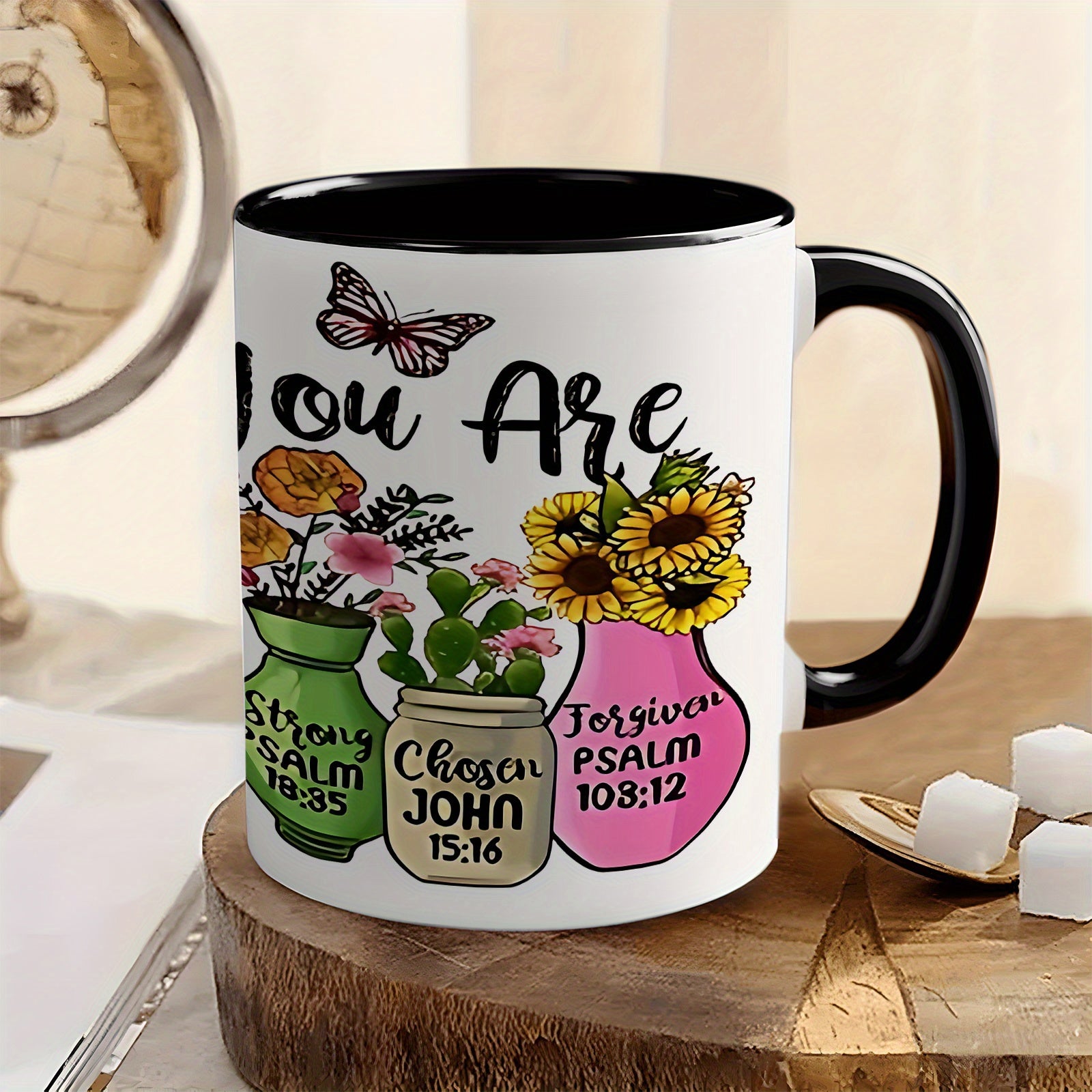 Tailorly Black Accent 11 oz Mug - religious and inspirational design with Christian Bible verse and floral pattern
