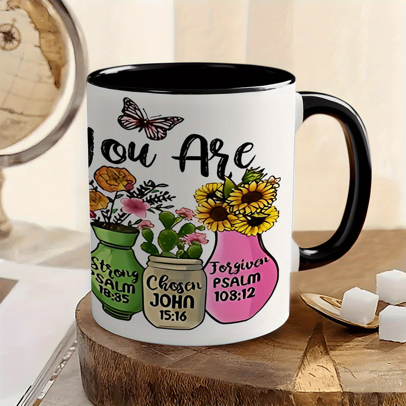 Tailorly Black Accent 11 oz Mug - religious and inspirational design with Christian Bible verse and floral pattern