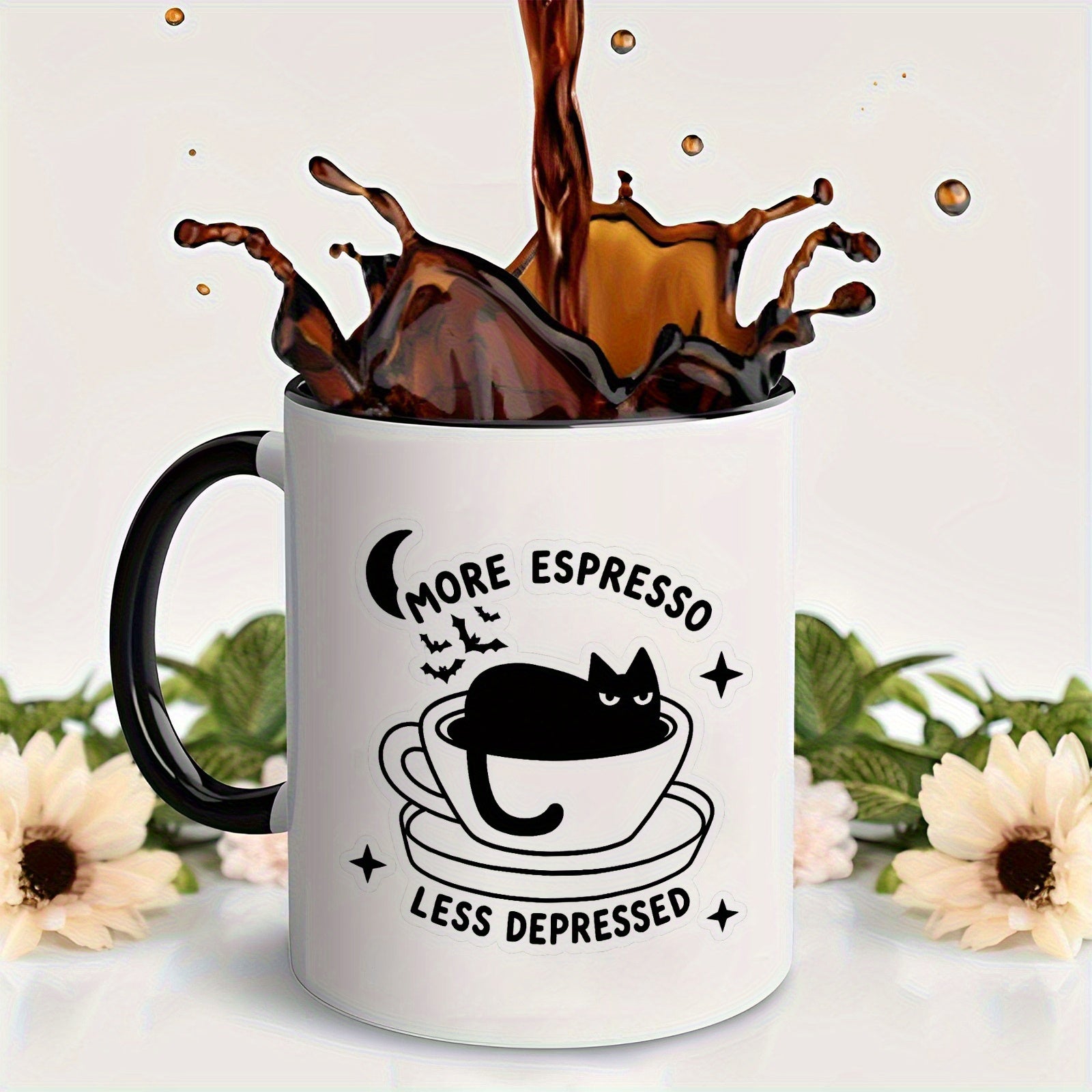 Tailorly Black Accent 11 oz Mug - bat and text more espresso less depressed coffee cup perfect gift for cat lovers
