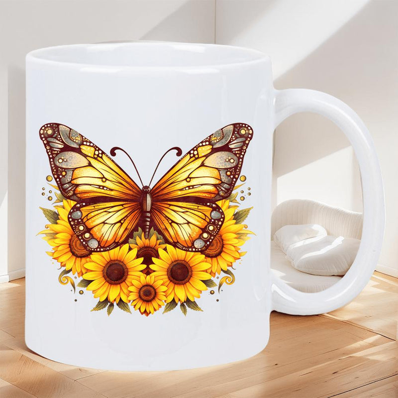 Tailorly White Ceramic 11 oz Mug - Vivid Golden Sunflowers Blooming Under Decorative Wings Of A Majestic Monarch Butterfly