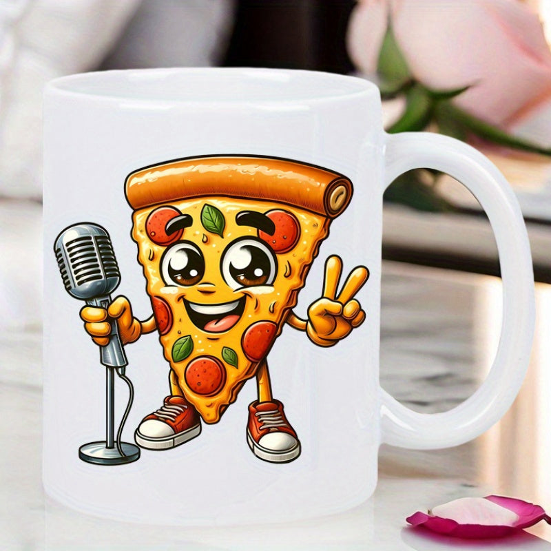 Tailorly White Ceramic 11 oz Mug - Animated Pizza Slice Holding A Silver Microphone Giving Peace Sign Pizza
