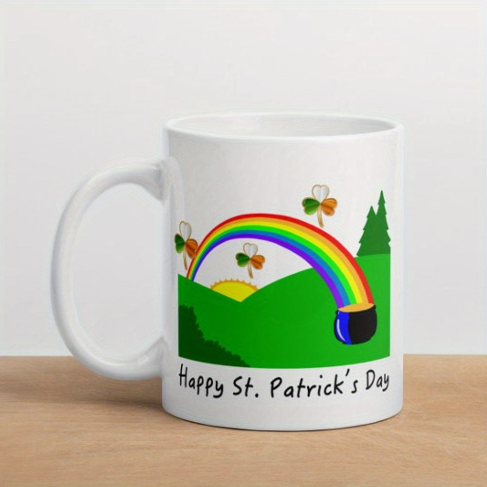 Tailorly White Ceramic 11 oz Mug - Happy St Patricks Day Vibrant Colorful Rainbow Over Green Hills With Golden Pot Of Gold Rainbow