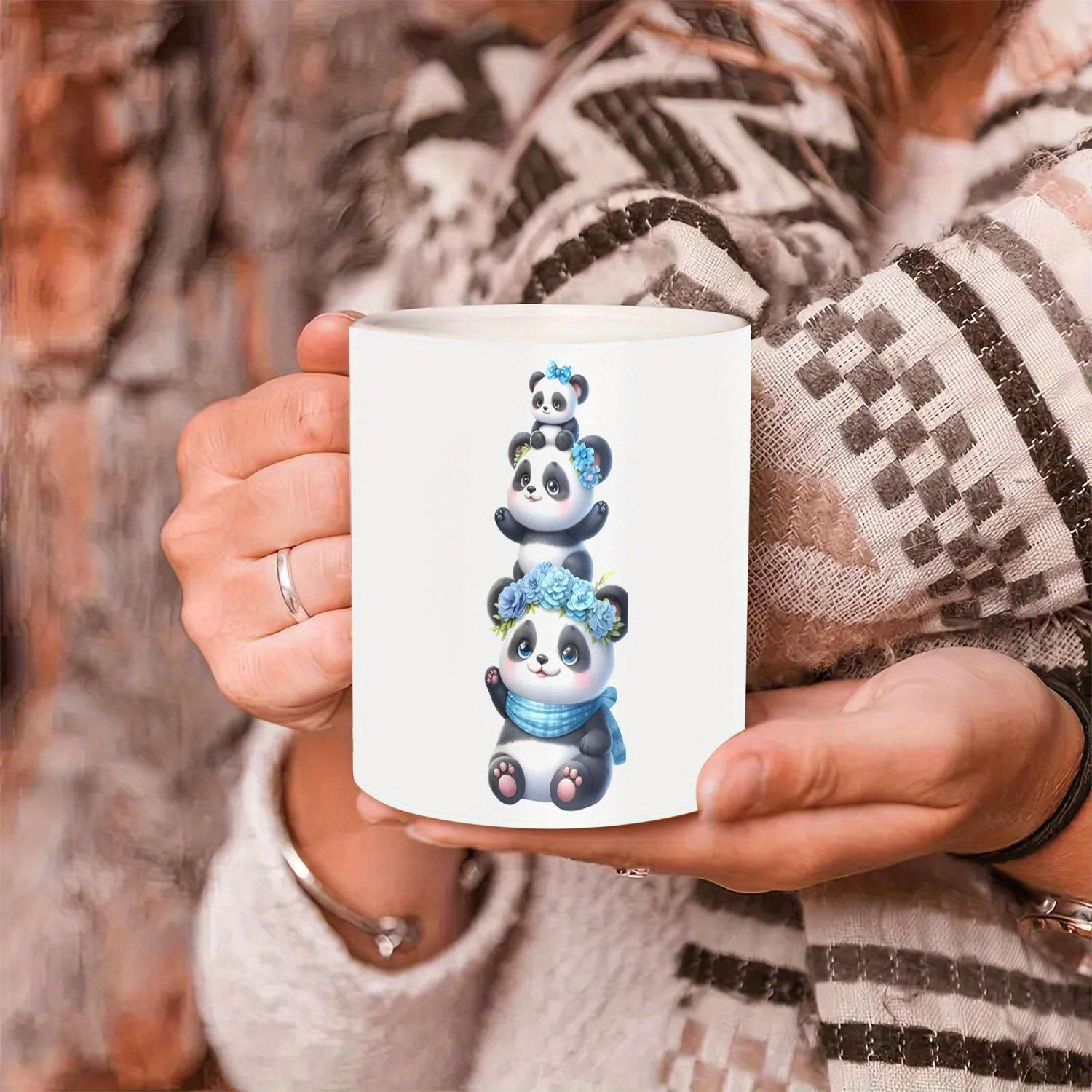 Tailorly White Ceramic 11 oz Mug - Three Adorable Stacked Cartoon Animals Wearing Blue Floral Crowns And Scarf Panda
