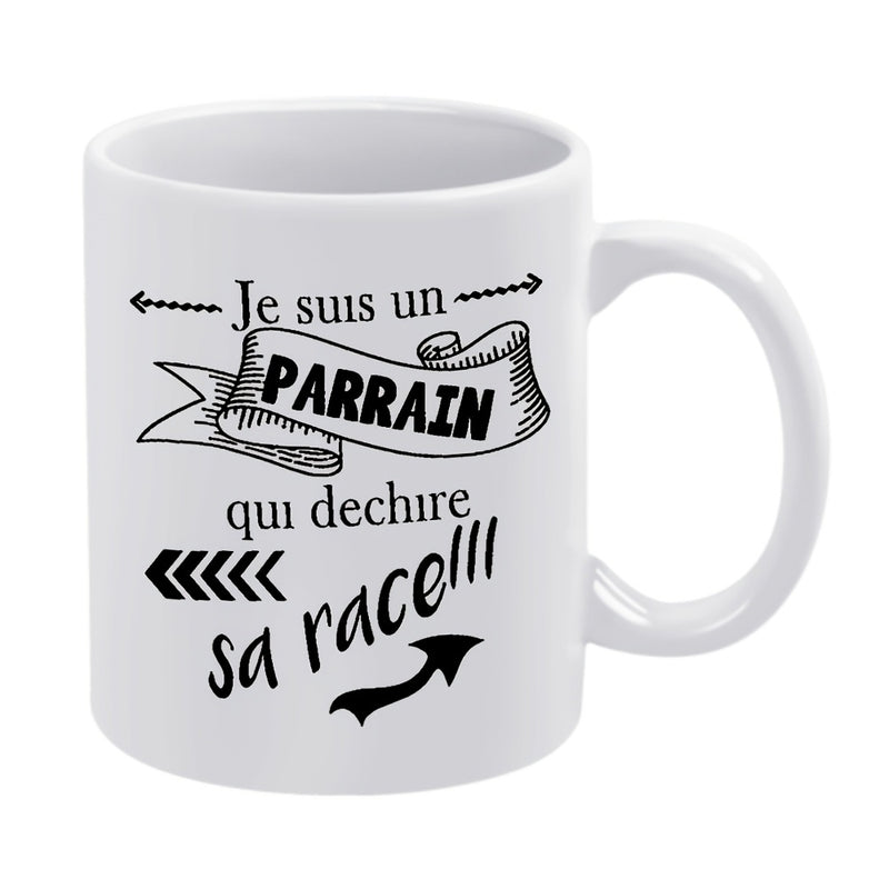 Tailorly White Ceramic 11 oz Mug - Elegant Decorative Banner Featuring Stylized Arrows And Artistic Scripted Textures Ribbon