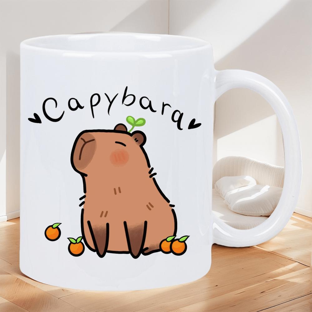 Tailorly White Ceramic 11 oz Mug - Capybara Adorable Brown Animal Sitting With Tiny Sprout And Small Oranges Capybara
