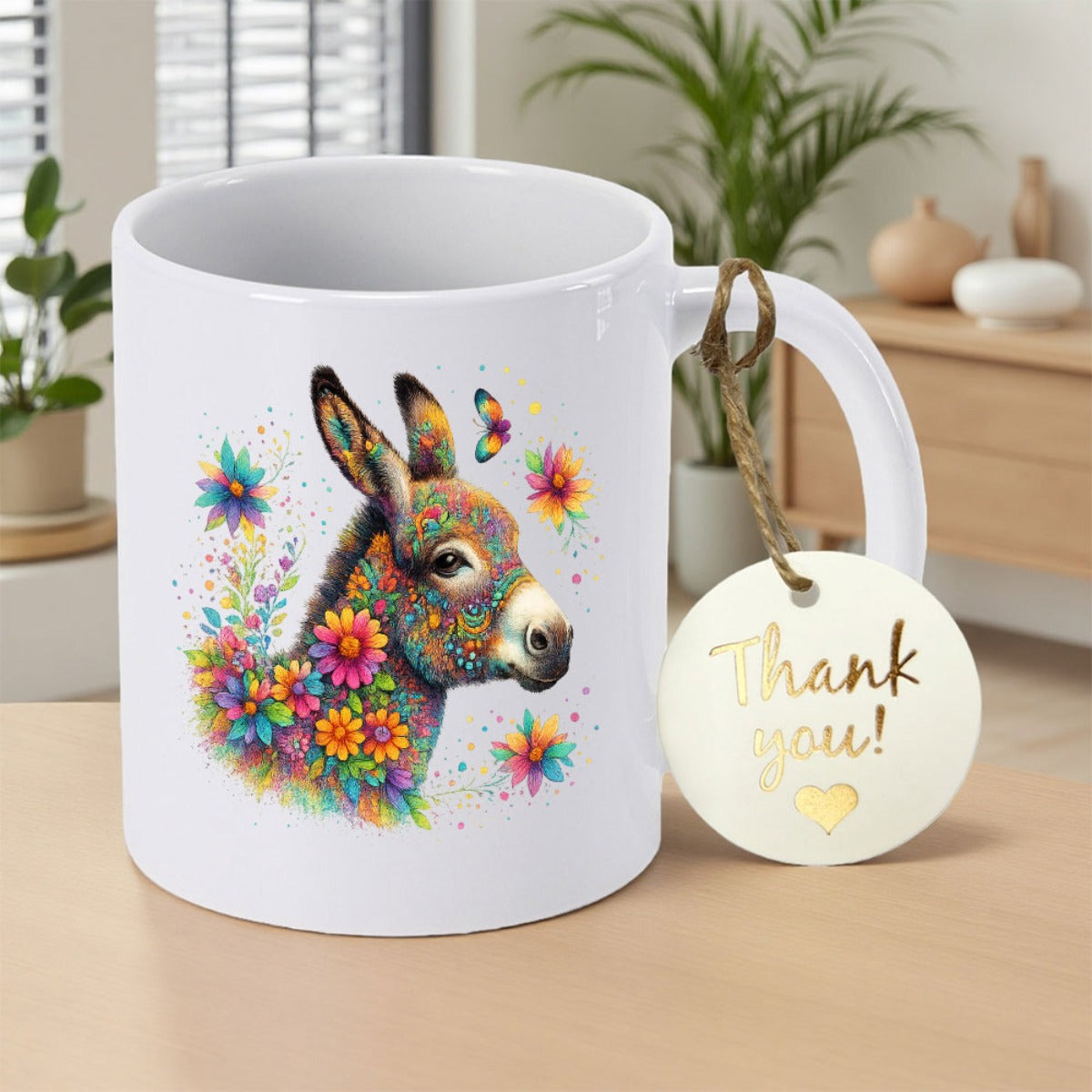 Tailorly White Ceramic 11 oz Mug - Thank You Colorful Artistic Surrounded By Vibrant Flowers And Flying Butterflies Donkey