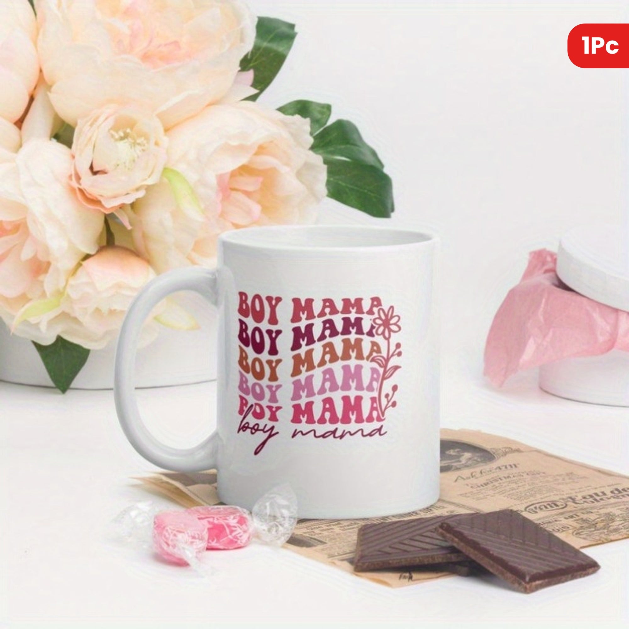 Tailorly White Ceramic 11 oz Mug - Boy Mama Retro Wavy Colorful Font With Delicate Flower Graphic