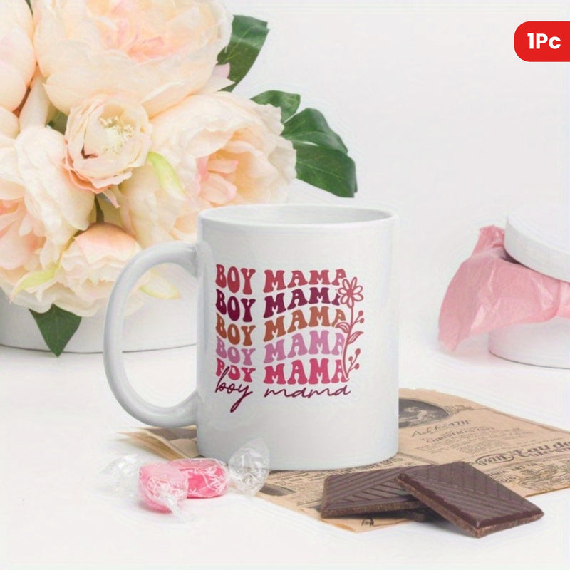 Tailorly White Ceramic 11 oz Mug - Boy Mama Retro Wavy Colorful Font With Delicate Flower Graphic