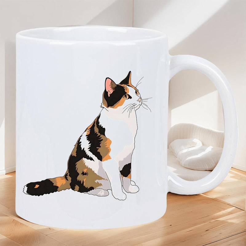 Tailorly White Ceramic 11 oz Mug - Graceful Calico Feline Sitting Patiently Within A Bright Minimalist Interior Cat