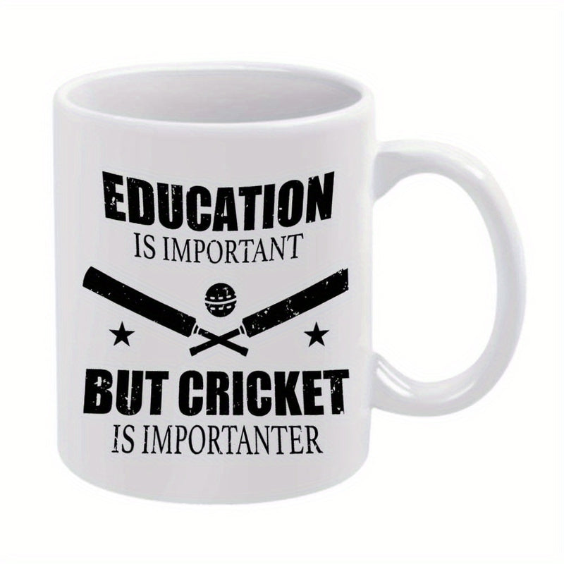 Tailorly White Ceramic 11 oz Mug - Education Is Important But Cricket Is Importanter Vintage Distressed Crossed Bats With Sport Ball And Decorative Stars Cricket