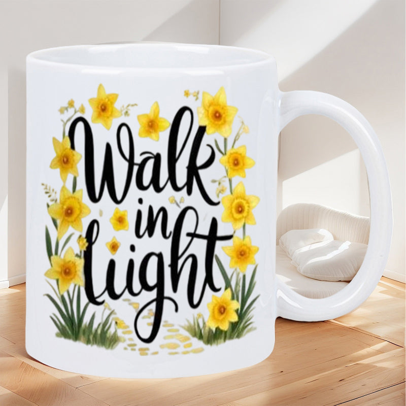 Tailorly White Ceramic 11 oz Mug - Walk In Light Blooming Yellow Daffodils Among Green Leaves On A Sunny Grassy Path Daffodil