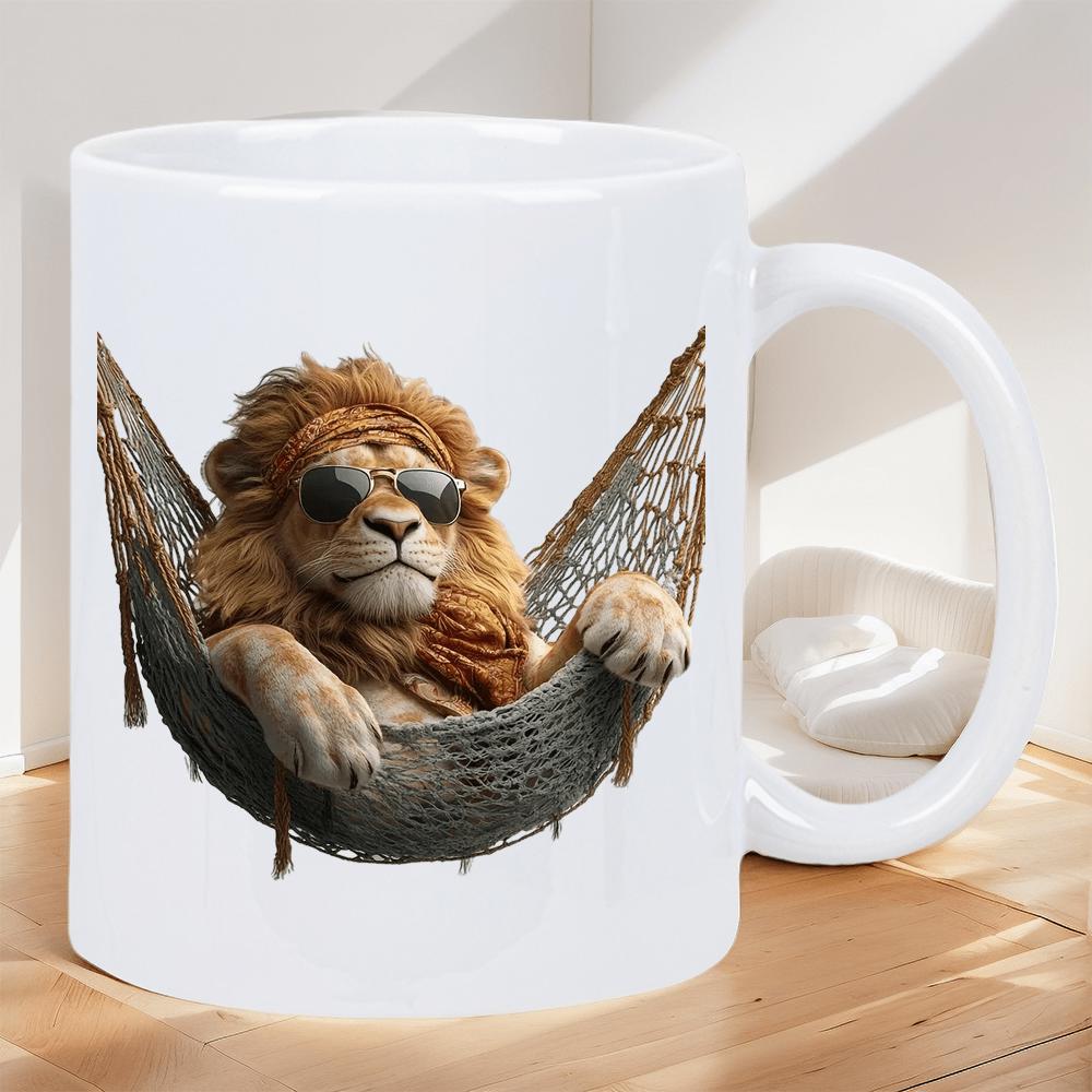 Tailorly White Ceramic 11 oz Mug - Majestic Mane Lion Resting In Woven Hammock Wearing Stylish Dark Sunglasses Lion