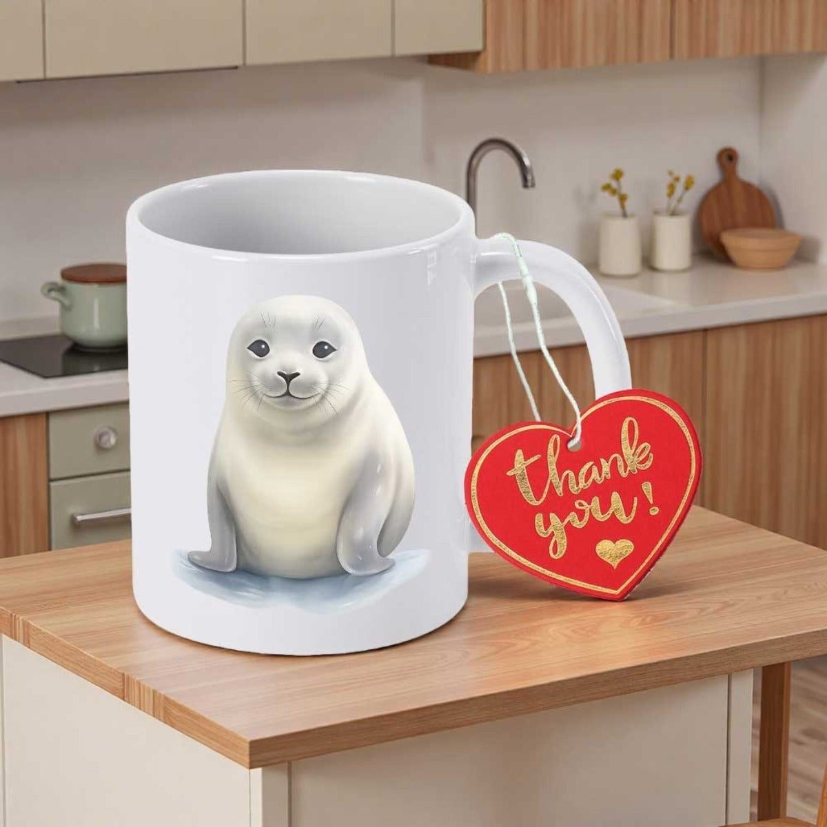 Tailorly White Ceramic 11 oz Mug - Thank You Adorable White Baby Harp Seal Resting On A Soft Blue Base Seal