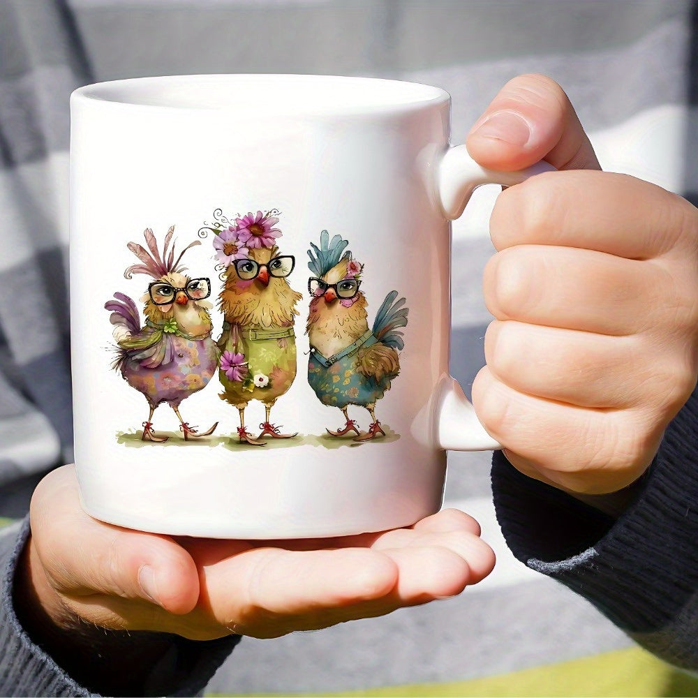 Tailorly White Ceramic 11 oz Mug - Whimsical Trio Of Fashionable Cartoon Birds Wearing Stylish Glasses Chicken