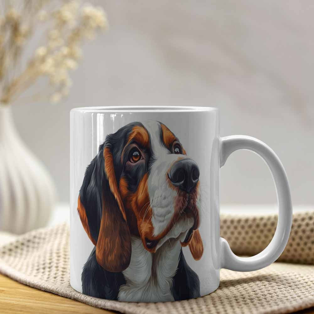 Tailorly White Ceramic 11 oz Mug - Realistic Basset Hound With Long Ears Looking Upwards Thoughtfully Dog