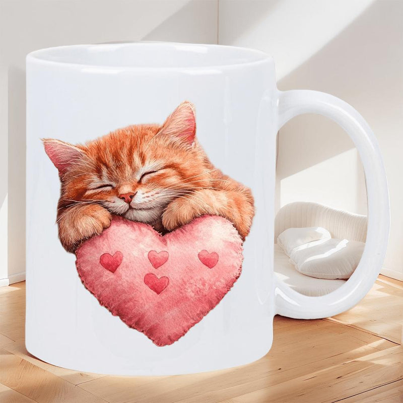 Tailorly White Ceramic 11 oz Mug - Adorable Tiny Tabby Kitten Resting Sleepily Upon A Large Soft Heart Kitten