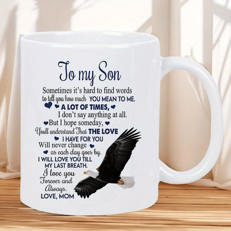 Tailorly White Ceramic 11 oz Mug - To My Son Love Mom I Love You Forever And Always Powerful Bald Eagle Gliding With Wings Spread Among Small Black Hearts Eagle
