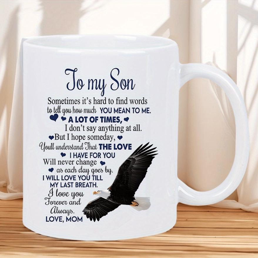 Tailorly White Ceramic 11 oz Mug - To My Son Love Mom I Love You Forever And Always Powerful Bald Eagle Gliding With Wings Spread Among Small Black Hearts Eagle
