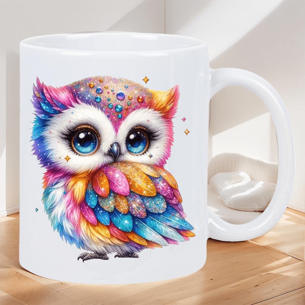 Tailorly White Ceramic 11 oz Mug - Vibrant Rainbow Feathers With Large Sparkling Blue Eyes Among Magic Stars Owl