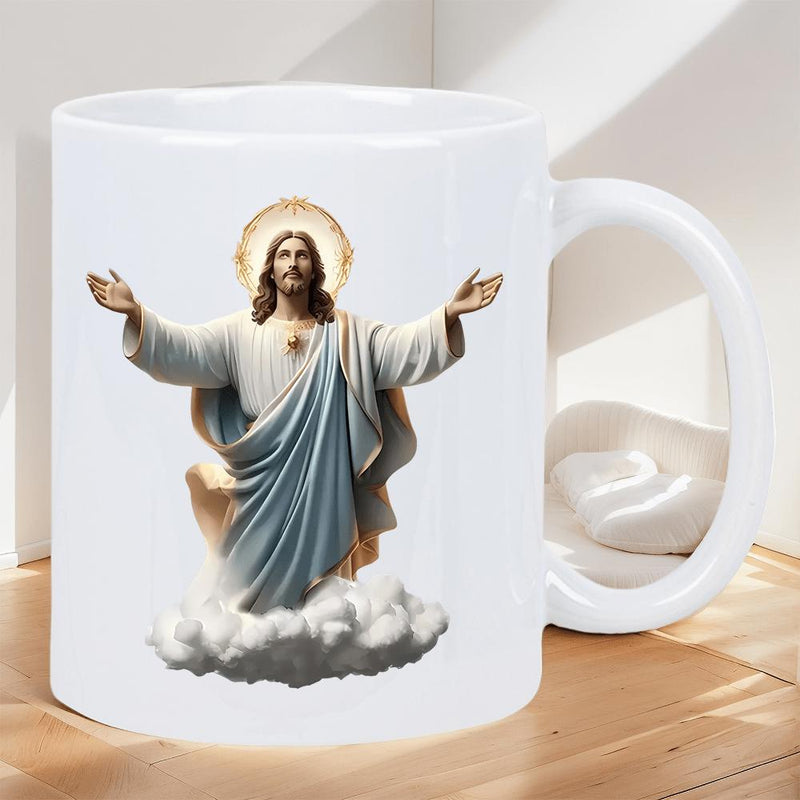 Tailorly White Ceramic 11 oz Mug - Divine Figure With Arms Outstretched Floating Above Soft White Sacred Clouds Jesus