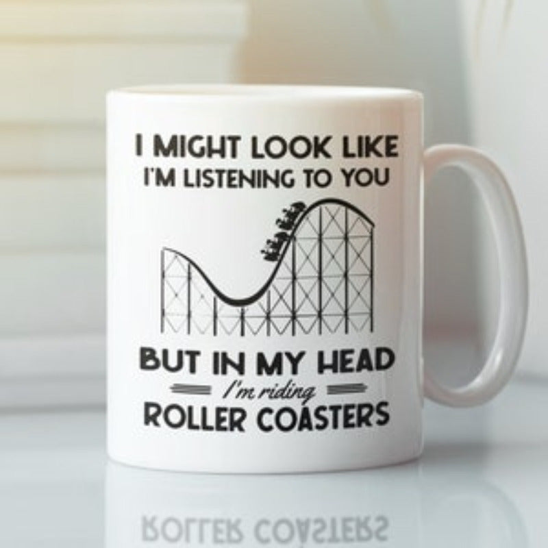 Tailorly White Ceramic 11 oz Mug - I Might Look Like I'm Listening To You But In My Head I'm Riding Roller Coasters Minimalist Metal Line Art Of A Winding