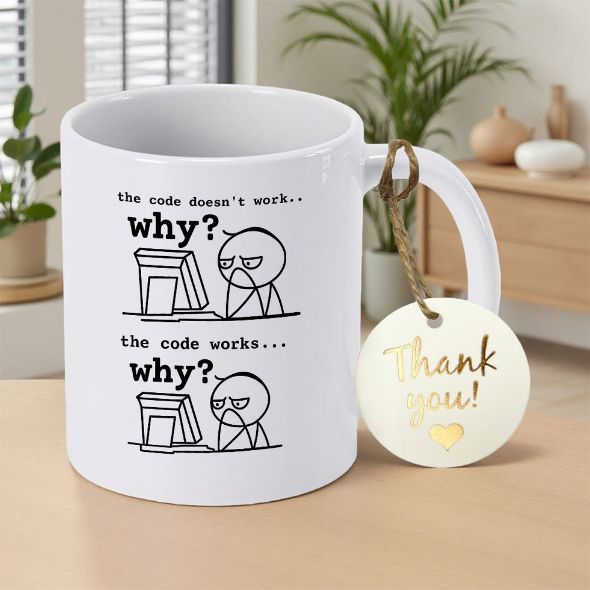 Tailorly White Ceramic 11 oz Mug - The Code Doesnt Work Why The Code Works Why Minimalist Sketch Of Person Working At Computer Programmer